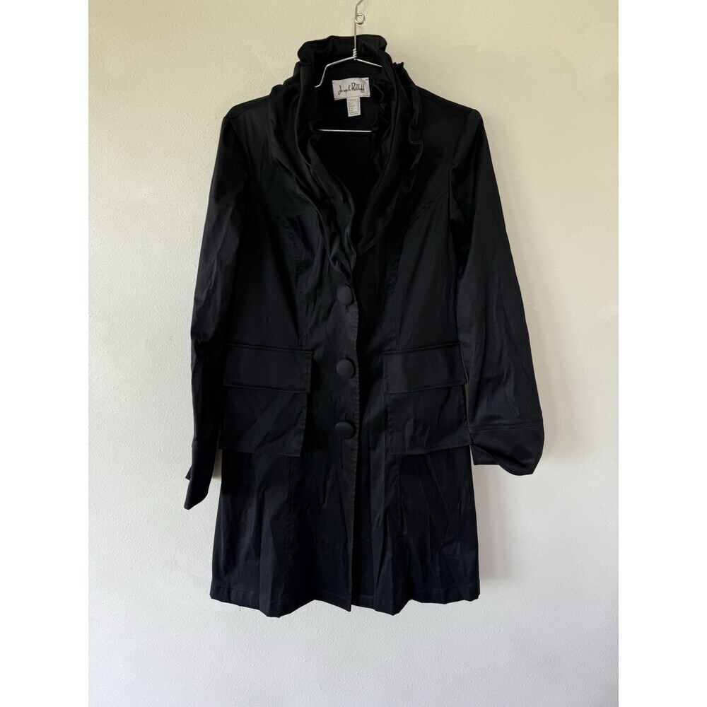 Joseph Ribkoff Black Women’s Size 6 Button Up Ruffle Long Duster Jacket Coat